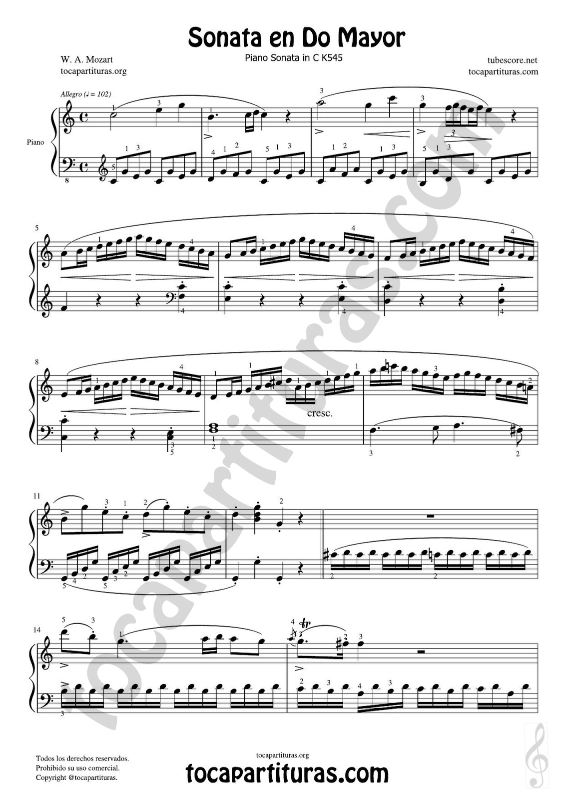 tubescore: Piano Sonata Nº 16 K545 in C Major by Wolfang Amadeus Mozart