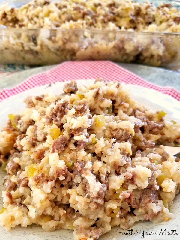 Jailhouse Rice (Sausage & Rice Casserole) - A family-size comfort food casserole recipe baked with rice, ground beef and sausage.