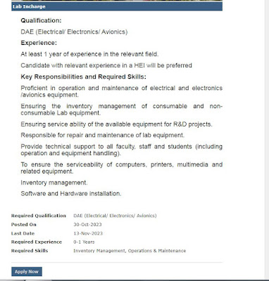 Lab Incharge Jobs in Islamabad November 2023