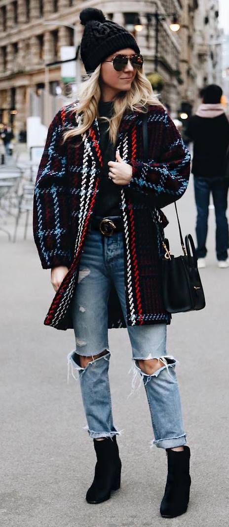 winter street style perfection / plaid coat + bag + sweater + hat + ripped jeans + boots