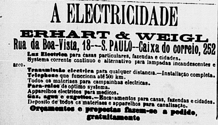 Anúncio veiculado em 1897 promovendo serviços de eletricidade.
