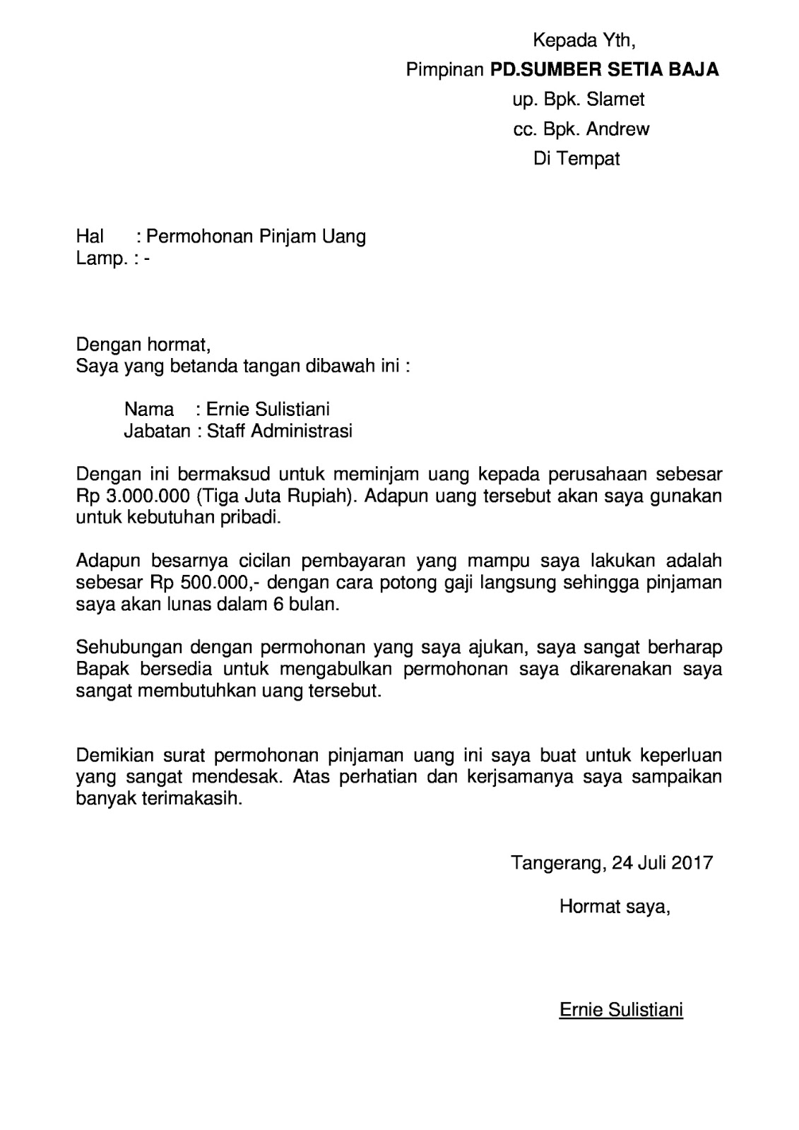 Contoh Surat Jaman Uang Ke Perusahaan Doc Dapatkan Contoh