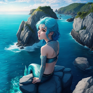 another mermaid on a rock looking dreamy