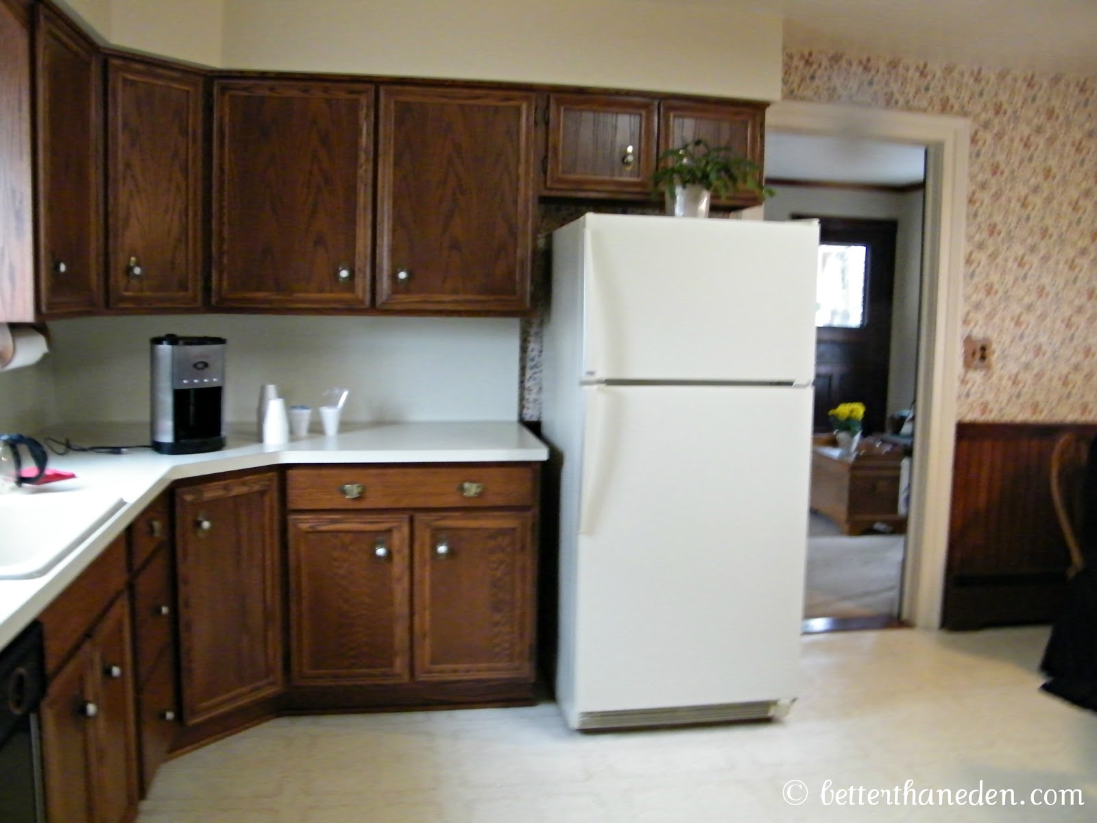 cabinets, vinyl floor, bisque laminate and appliances, old wallpaper ...