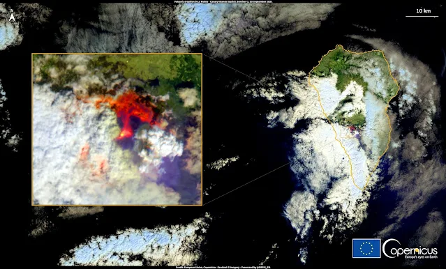 La erupción volcánica en la isla de La Palma vista desde satélite