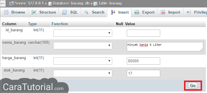 Insert data ke dalam tabel mysql phpmyadmin xampp