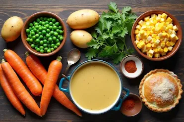 Ingredients for Vegetable Pot Pie, including carrots, potatoes, peas, corn, puff pastry, and spices, arranged on a wooden table.