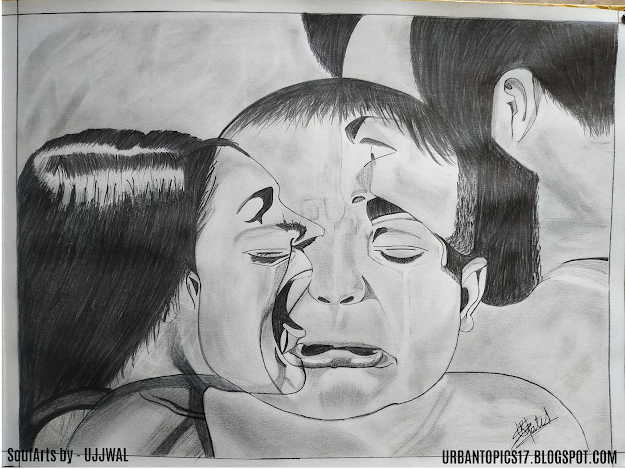 A picture with a very deep message. the family sketch, painting , row painting, pencil art, latest drowning 2020 , mother father son