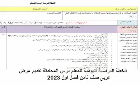 الخطة الدراسية اليومية للمعلم درس المحادثة تقديم عرض عربى صف ثامن فصل اول 2023