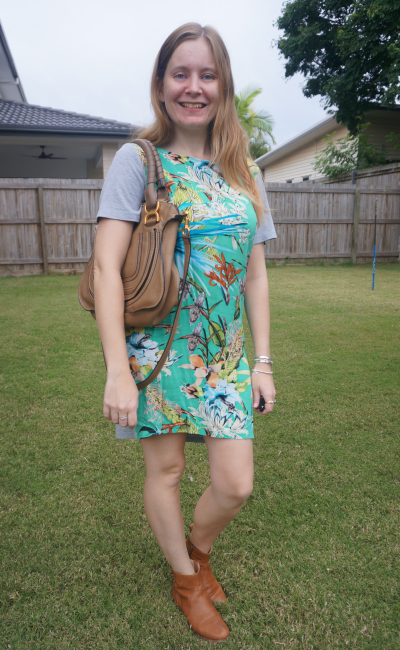 floral tee dress with ankle boots, chloe marcie shoulder bag in nut brown | awayfromtheblue