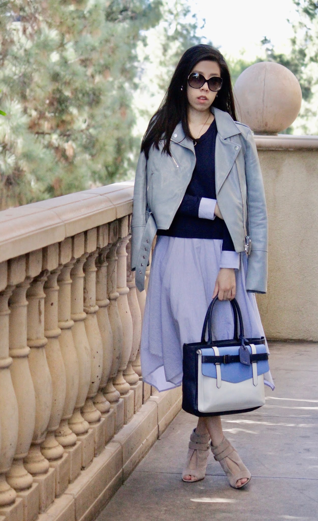 What to wear with a blue leather motorcycle jacket_blue dress and jacket outfit ideas_Adrienne Nguyen