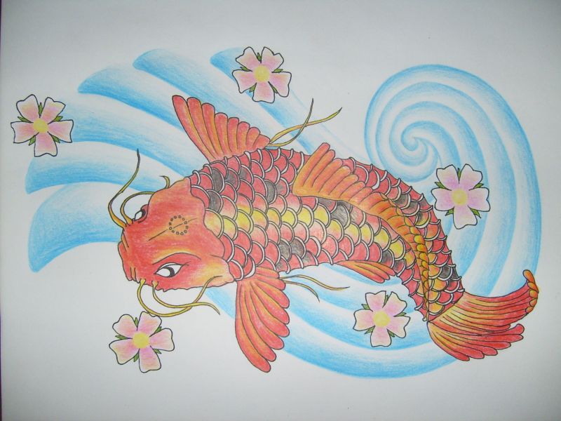 Traditionally Japanese tattoos of koi fish are accompanied by waves 
