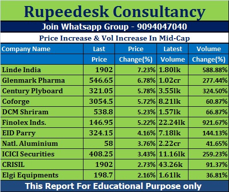 Price Increase & Vol Increase In Mid-Cap