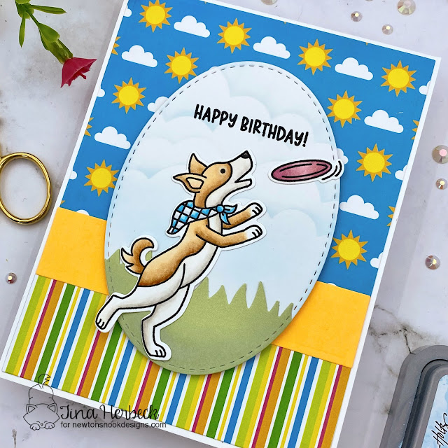 Happy Birthday Dog Card by Tina Herbeck | Dog Park Stamp Set, Oval Frames Die Set, Land Borders Die Set, Clouds Stencil and Summertime Paper Pad by Newton's Nook Designs #newtonsnook