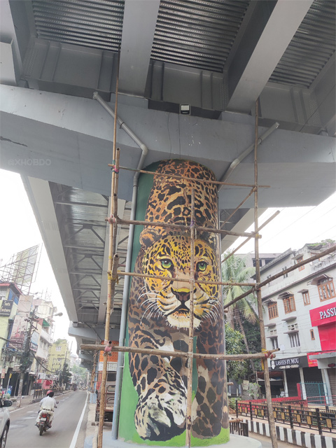 leopard graffiti on the pillars of  Shraddhanjali Flyover ( Zoo Road Flyover )