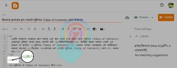 ব্লগারের ব্লগ পোস্টে সূচিপত্র (Table of Contents) যোগ করার LUR Code