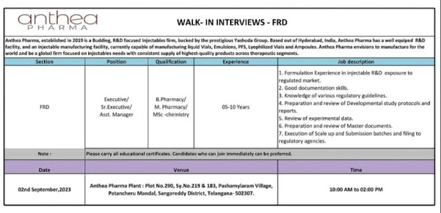 Anthea Pharma Walk in Interview For ARD Validation/ ARD Development/ FRD