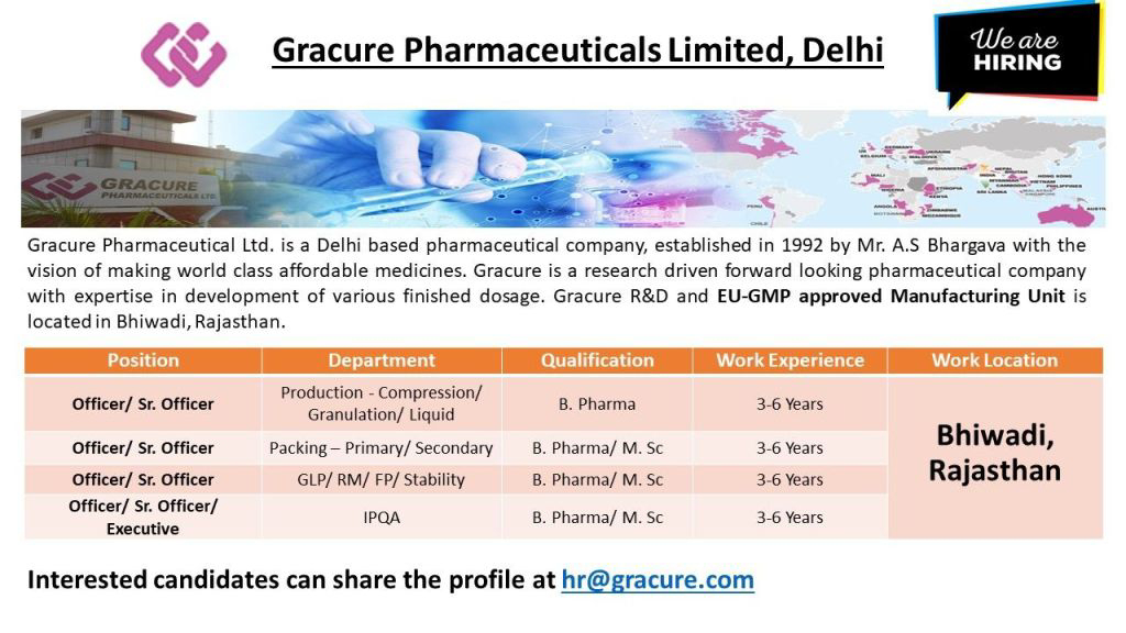 Job Availables,Gracure Pharmaceutical Ltd Job Vacancy For B.Pharm/ MSc