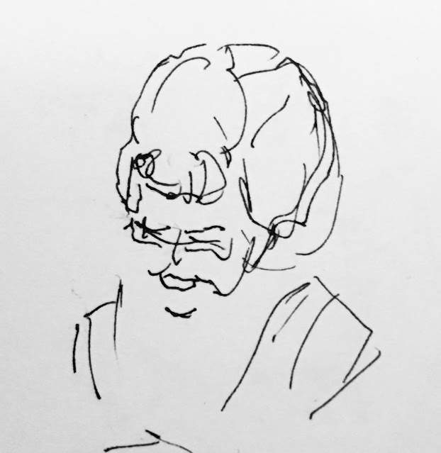 Pen and ink drawing of woman with high hairdo smiling.