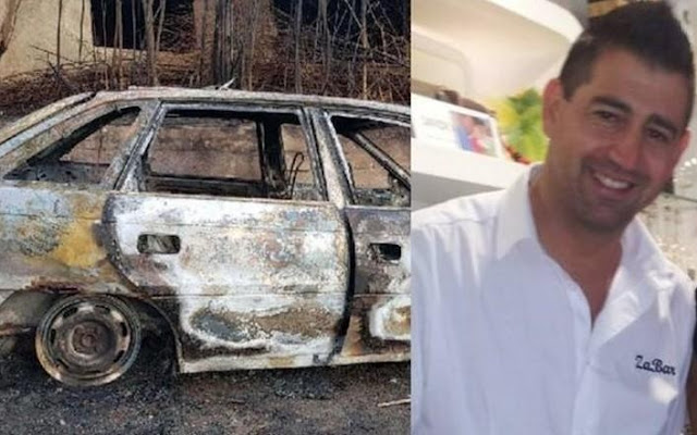 Davide Pecorelli e la sua macchina bruciata dopo aver simulato la propria morte