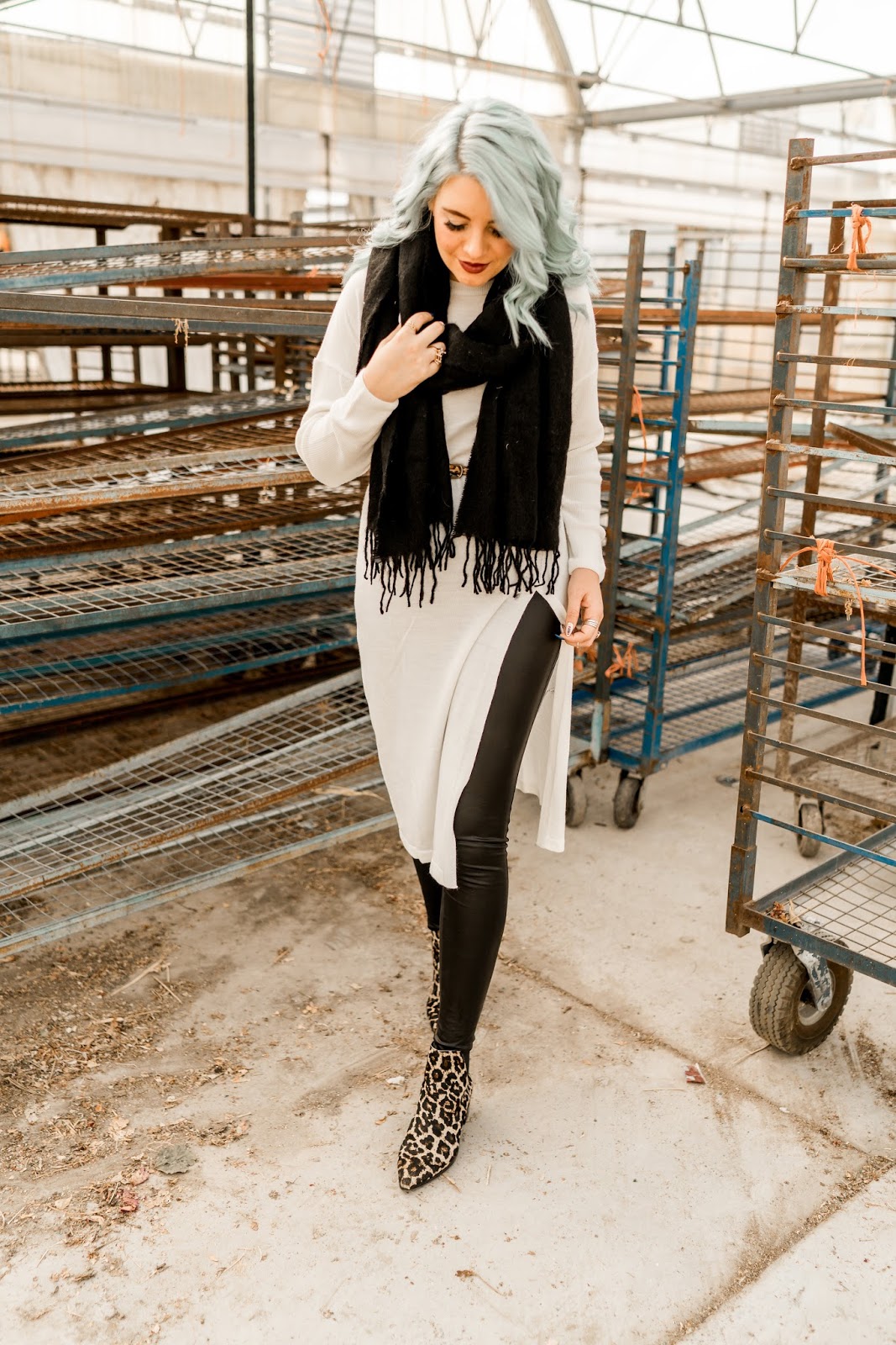 Leather Leggings, Winter Outfit, Blue hair