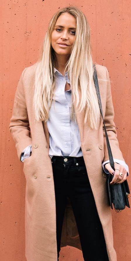 fall fashion inspiration: coat + shirt + bag + black jeans