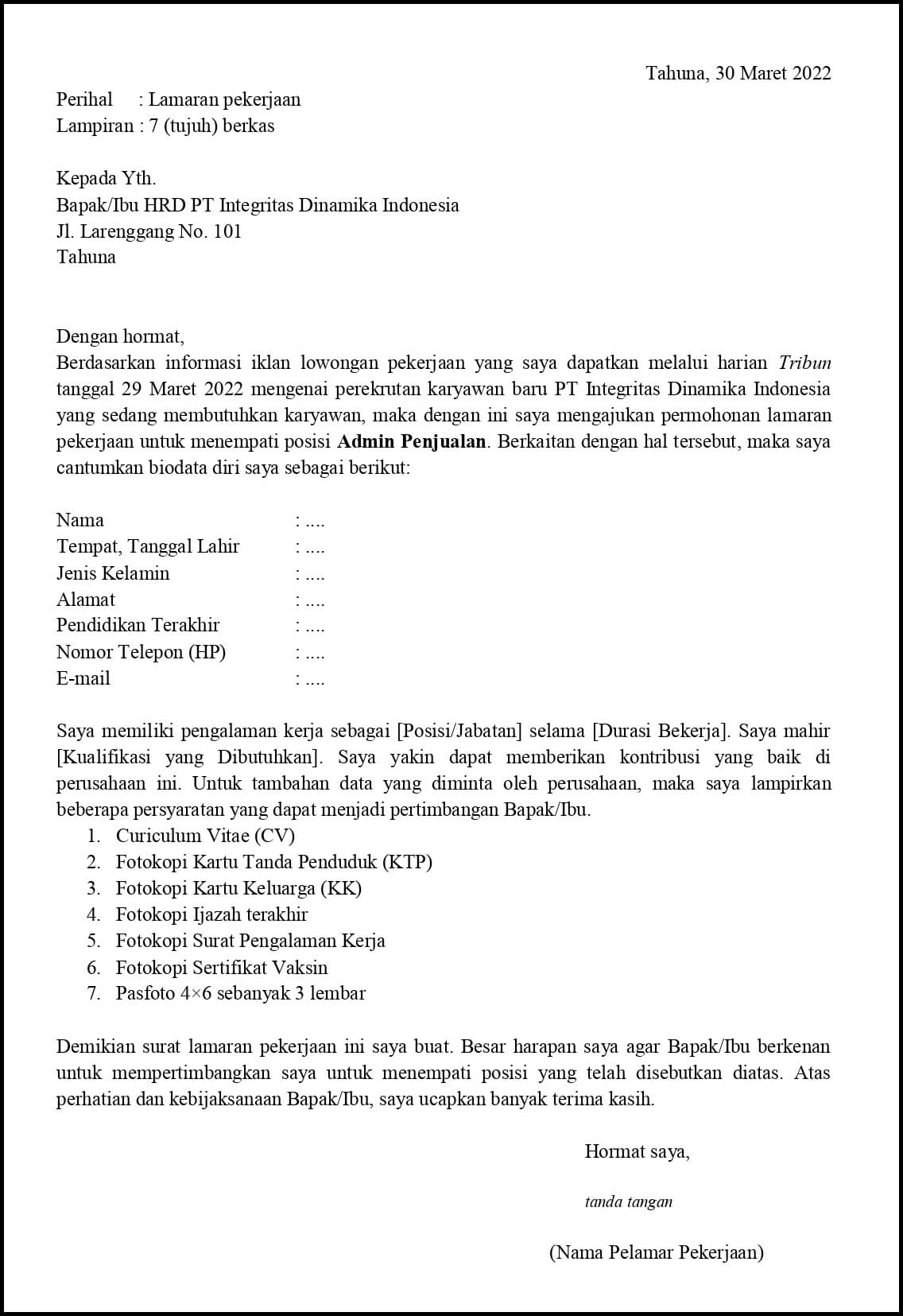 Contoh Application Letter Admin Penjualan Yang Sudah Berpengalaman Berdasarkan Informasi Dari Media Cetak