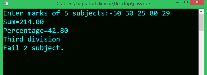 Write a program in C to find the percentage of 5 subject marks,determine the division.