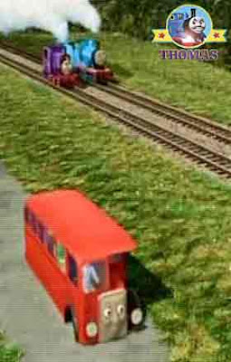 Thomas and friends Charlie tank engine with Edward the blue engine chase along after Bertie the bus