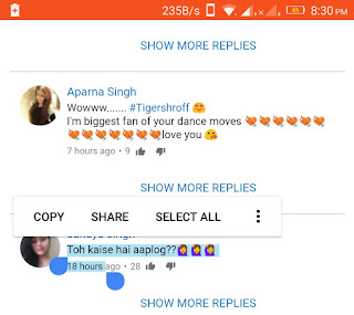Copy comment text on youtube app