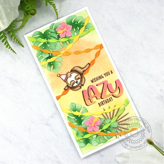 Sunny Studio Stamps: Crepe Paper Streamer Die Focused Birthday Cards by Cathy Chapdelaine (featuring Silly Sloths, Summer Greenery Dies)