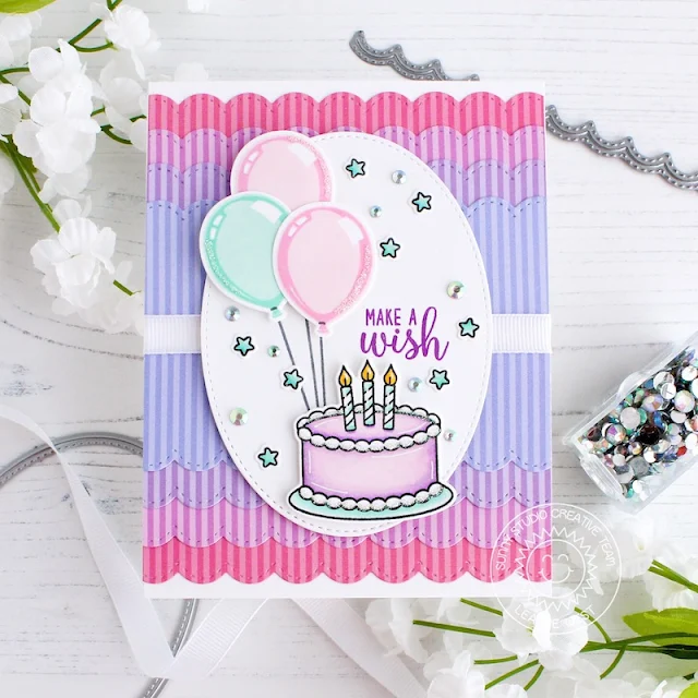 Sunny Studio Stamps: Make A Wish Stiched Oval Die Stitched Scallop Dies Happy Birthday Card by Leanne West 