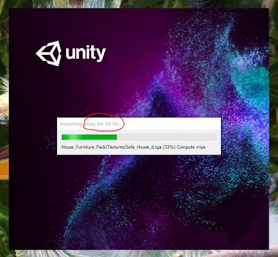 A screenshot showing the Unity opening progress bar; it says "Busy for 19:16" and it's about a third of the way done.