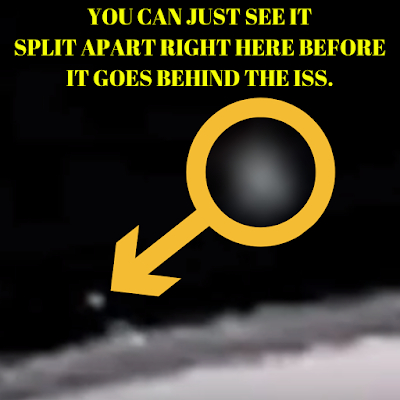 An actual UFO splits apart in space right at the ISS.