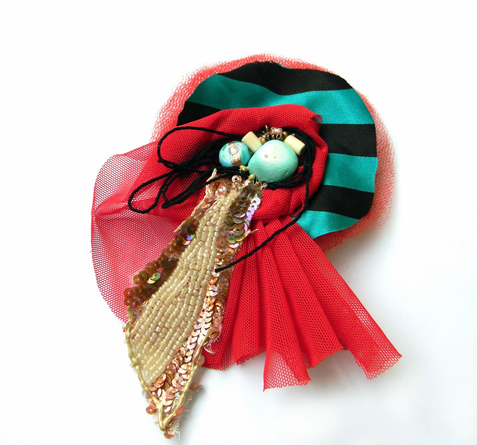 Textile Fashion Brooch with Beads Applique and Embroidered Sequins in Aqua Blue and Fire Red