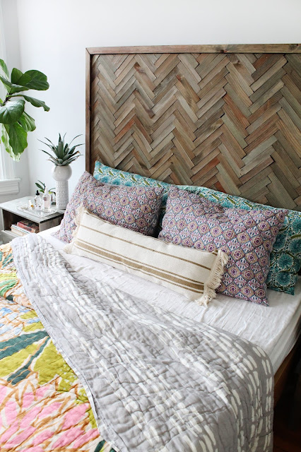 Create a herringbone wood headboard