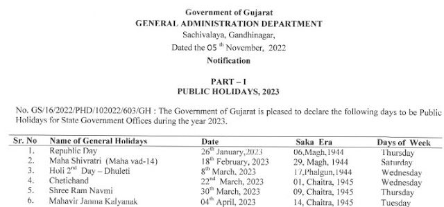 PUBLIC HOLIDAYS GUJARAT GAD NOTIFICATION 2023