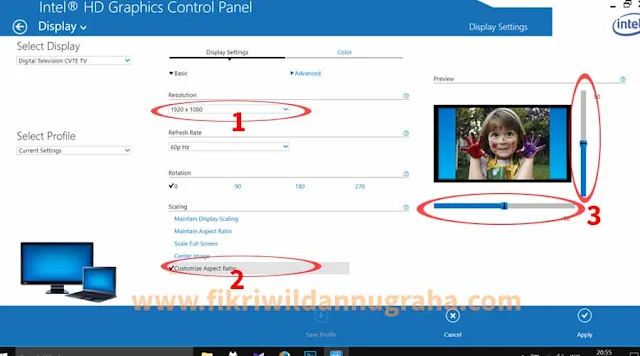 Cara Layar TV HDMI Terpotong Tidak Full mengatasi permasalahan tampilan koneksi kabel monitor LED LCD supaya fullscreen tutorial setting resolusi terlalu kecil besar laptop intel film bluray sambung zoom gambar offset AMD