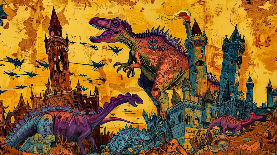 Vibrant fantasy scene with colorful dinosaurs roaming amongst ornate medieval castles, set against a textured golden background.