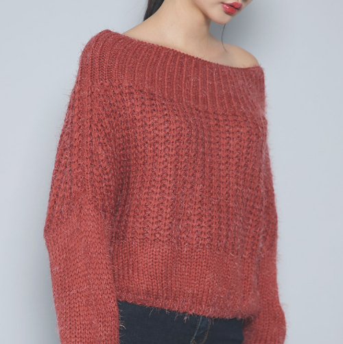 Off-Shoulder Oversized Angora Knit Sweater 