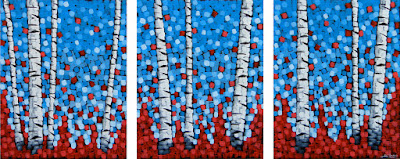 Cranberry Forest Triptych painting by artist aaron kloss, triptycn, pointillism, painting of birch trees in fall with red, duluth artist, z place gallery art