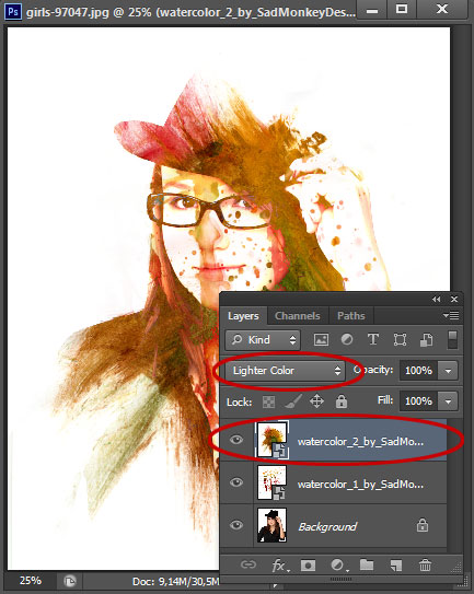 Change the blend mode to lighter color.