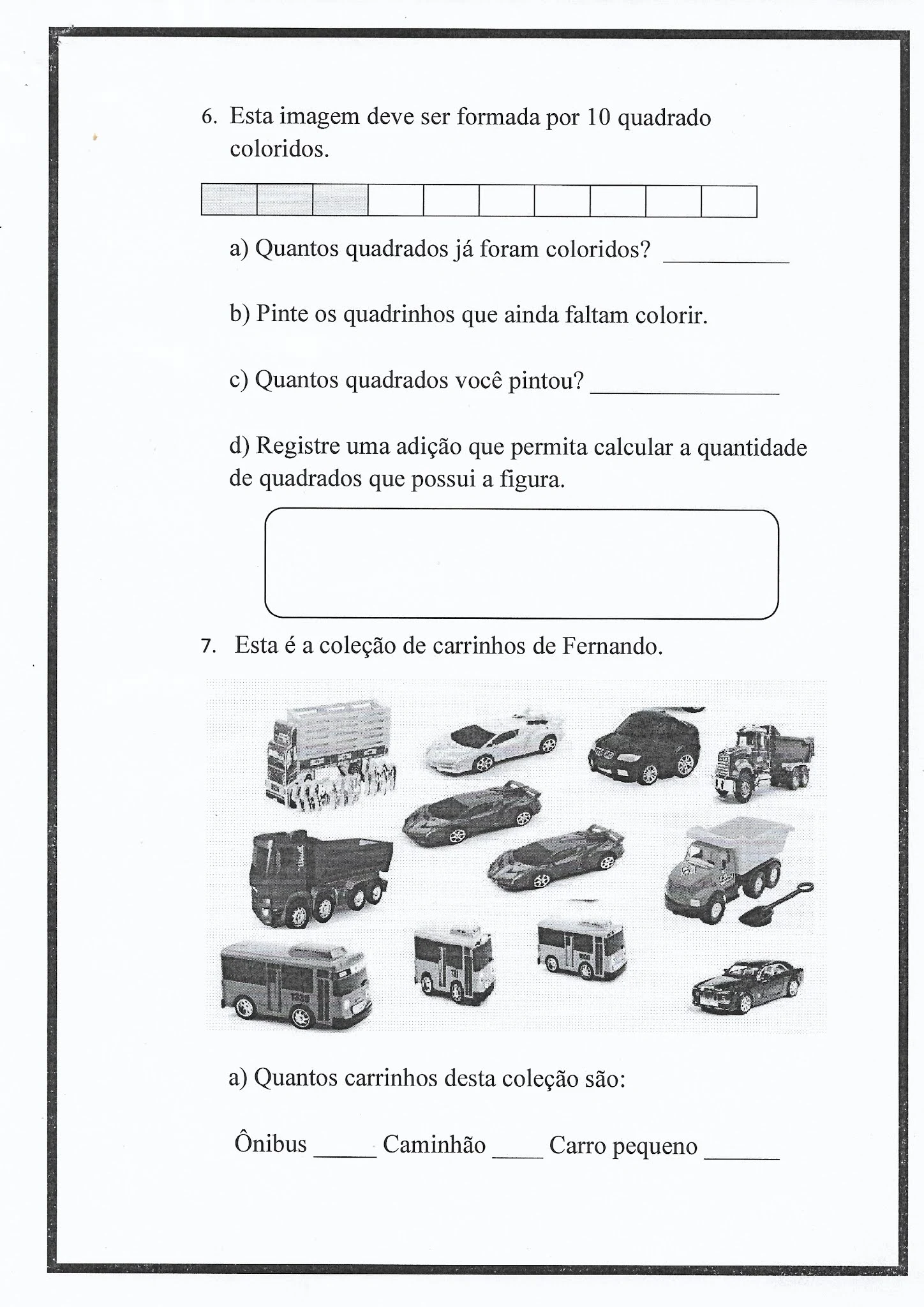 Atividade de Matemática: adição e subtração