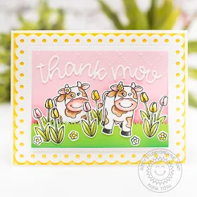 Sunny Studio Stamps: Miss Moo Frilly Frames Loopy Letters Thank You Card by Mona Toth