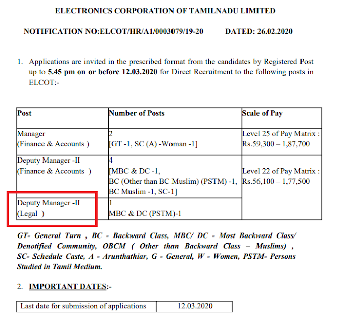 Deputy Manager -II (Legal ) - Electronics Corporation of Tamil Nadu - last date 12/03/2020