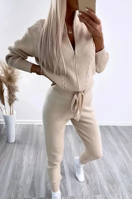 Women wearing 2 Pcs Solid Color Knit Jacket & Pants Outfit