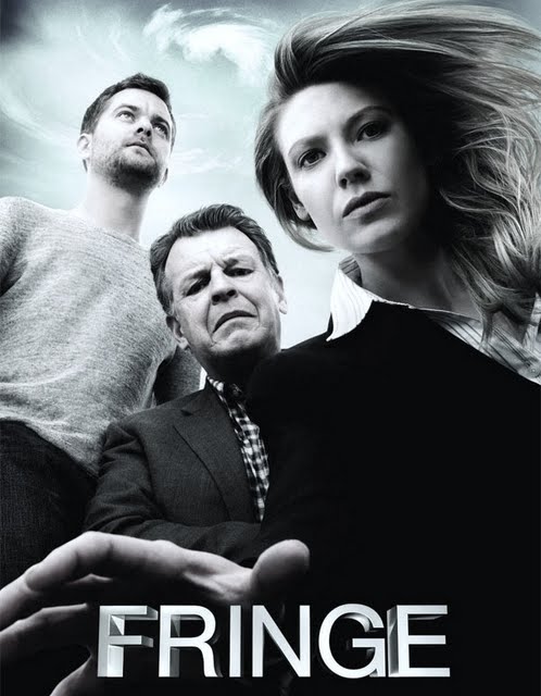 'Fringe' poster with logo at bottom showing the main characters in 'worm's-eye view', Olivia and Walter looking down at the viewer as Peter looks off above