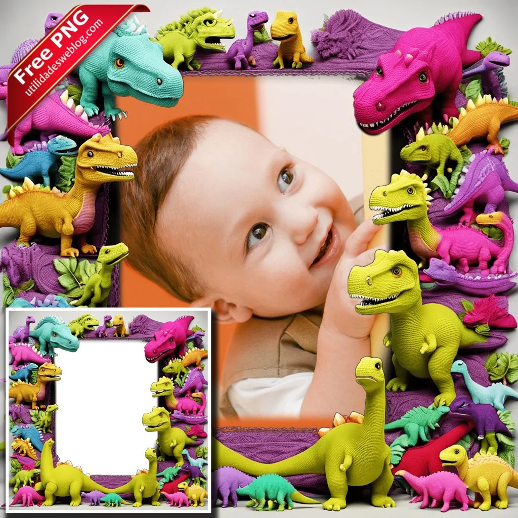 marco para fotos con dinosaurios bordados o de crochet en png con fondo transparente para descargar gratis