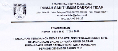 Pengadaan Tenaga Non Medis (Non PNS) RSUD Tidar Kota Magelang Desember 2016