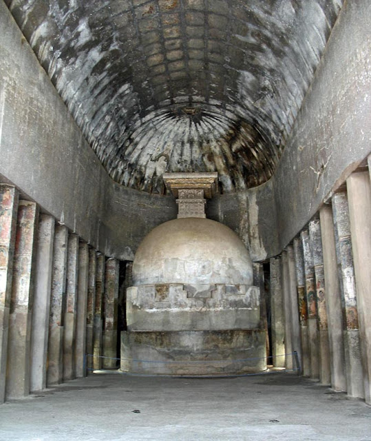 ajanta temple hall with painted pillars